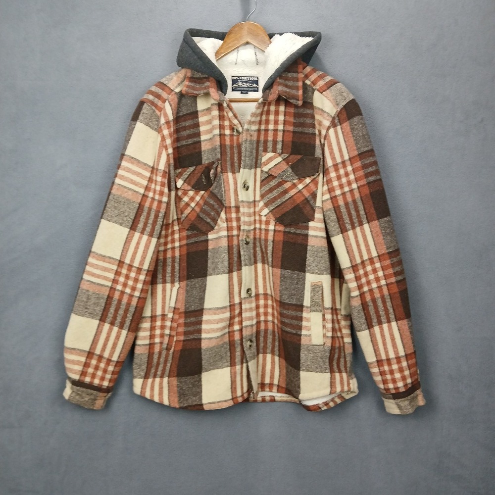 Distortion Shacket Mens‎ Large Multicolor Plaid Sherpa Lined Hooded Button Front